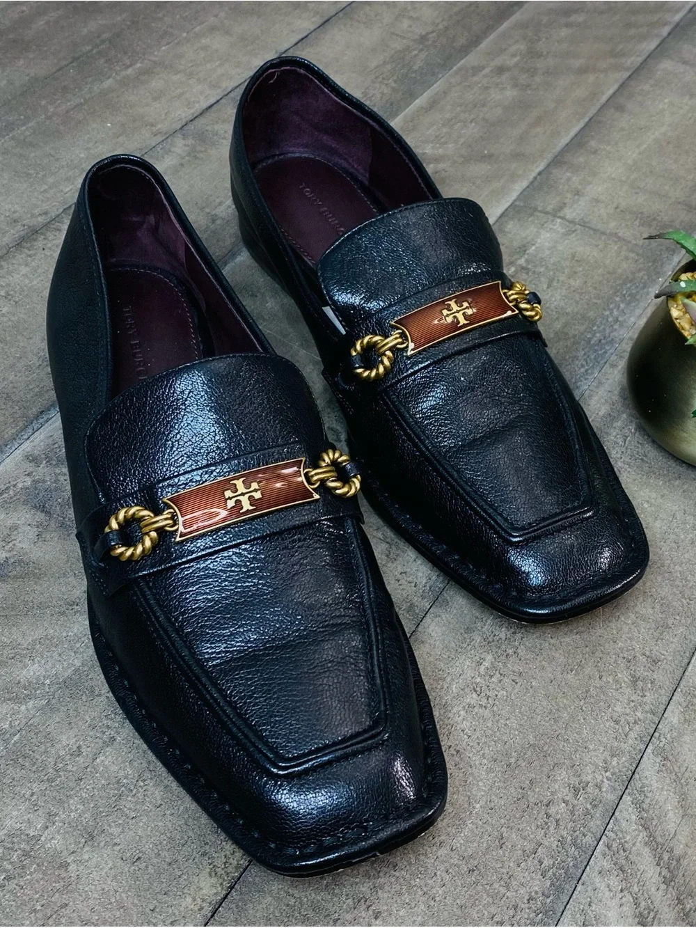 Tory Burch Size 9.5 Perrine Loafer Shoes Square Toe Logo Leather Perfect Black